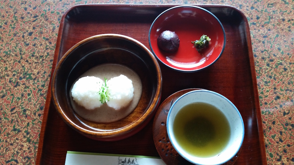 pickled plum and shiso, Warabi mochi, and matcha